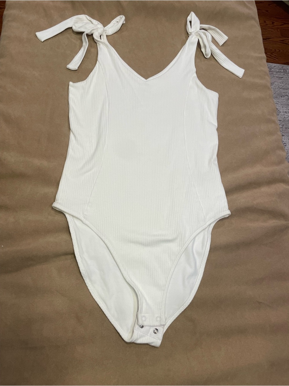 Ribbed White Tie-Shoulder One-Piece Bodysuit